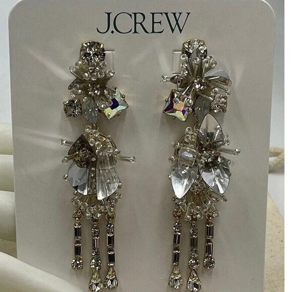 J. Crew White Crystal and Sequin Gold Tone Drop Dangle Earrings Shiny Bling New - Picture 1 of 13